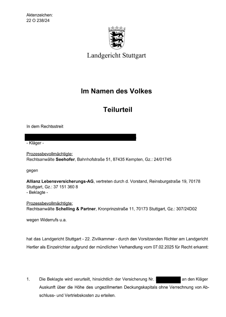 Allianz Lebensversicherung muss Rückkaufswert ausbezahlen