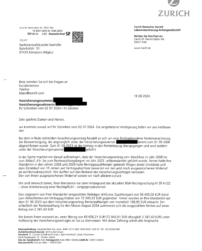 Weiterer Erfolg gegen Zurich Deutscher Herold: 70.000 € zurückgeholt