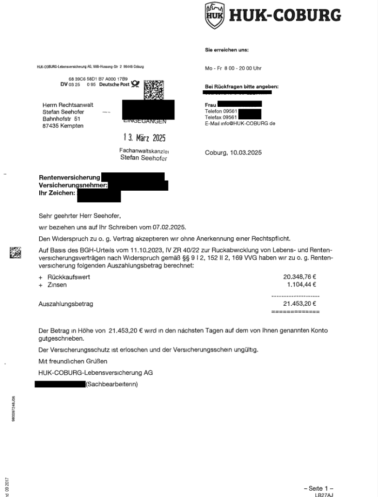 HUK Coburg Lebensversicherung AG / weiterer außergerichtlicher Erfolg innerhalb von 1 Woche: knapp 21.500,00 € zurückgeholt !