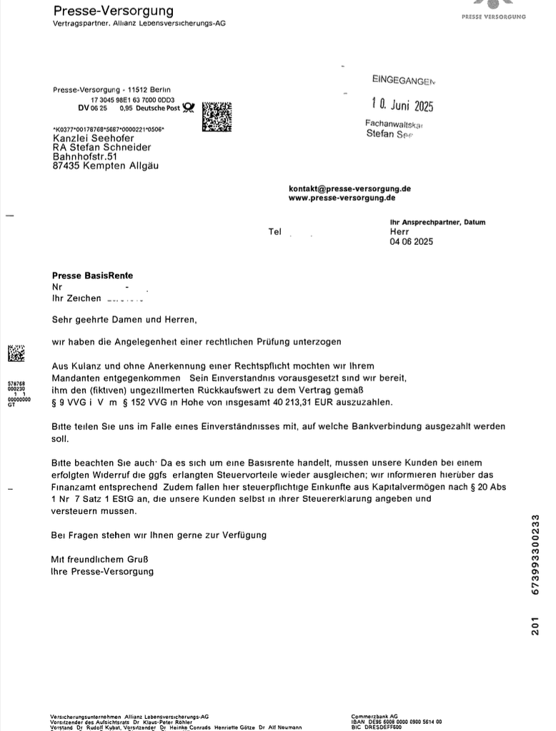 Rückabwicklung einer Presse BasisRente IndexSelect aus dem Jahr 2010