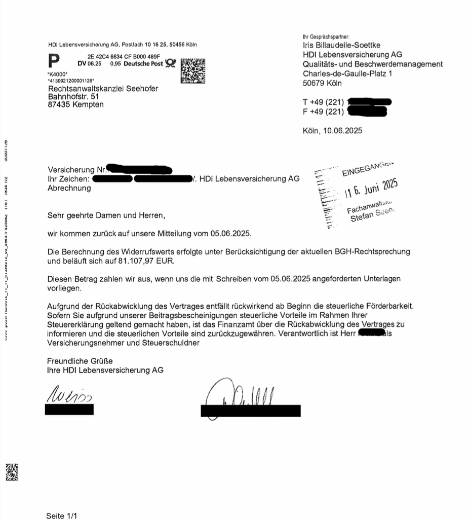 Rückabwicklung einer HDI BasisRente „Renten Fondspolice“