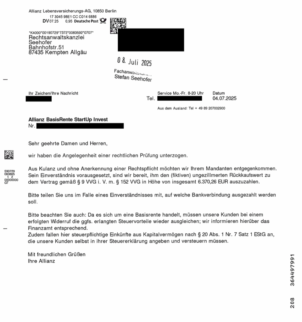 Rückabwicklung eines Allianz Basisrentenvertrages Startup Investaus dem Jahr 2008: