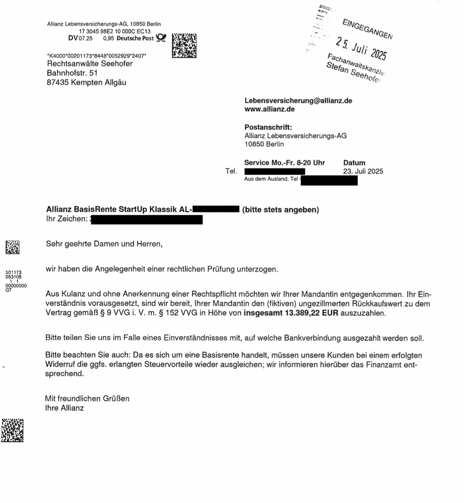 Fachanwaltskanzlei Seehofer erreicht gegen die Allianz Lebensversicherung eine Auszahlung von gut 175 % innerhalb eines Monats