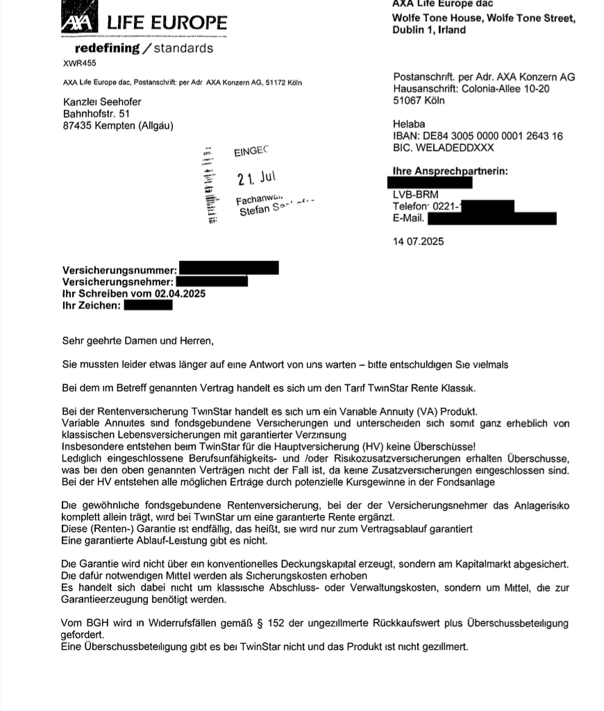 Rürup-Vertrag TwinStar Klassik – Erfolg der Kanzlei Seehofer gegen die AXA Life Europe dac