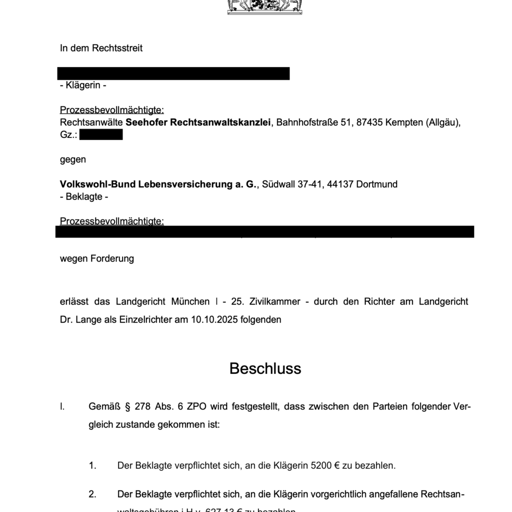 Rückabwicklung eines Basisrentenvertrages „SAFE“ vor dem Landgericht München I trotz Rentenbezugs seit dem Jahr 2014