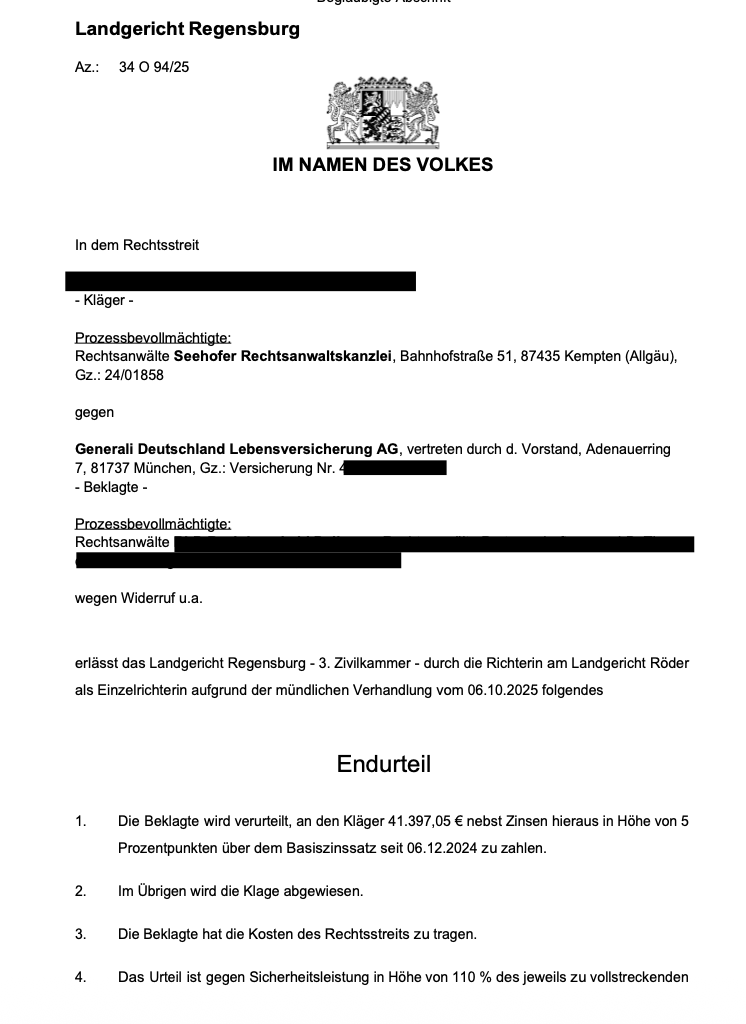 Landgericht Regensburg verurteilt Generali Deutschland Lebensversicherung AG zur Zahlung von knapp 41.400,00 €