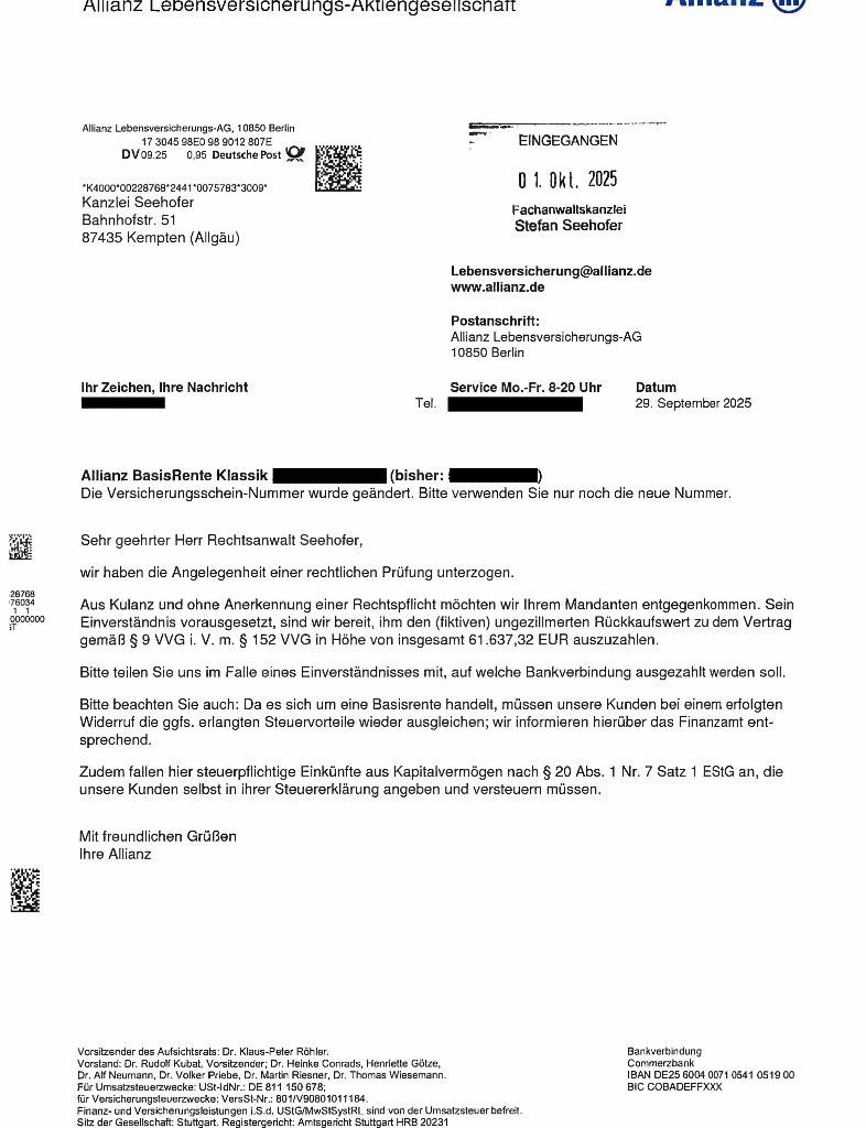 Fachanwaltskanzlei Seehofer erreicht weitere Rückabwicklung eines Rürup-Vertrags der Allianz Lebensversicherung im Oktober 2025
