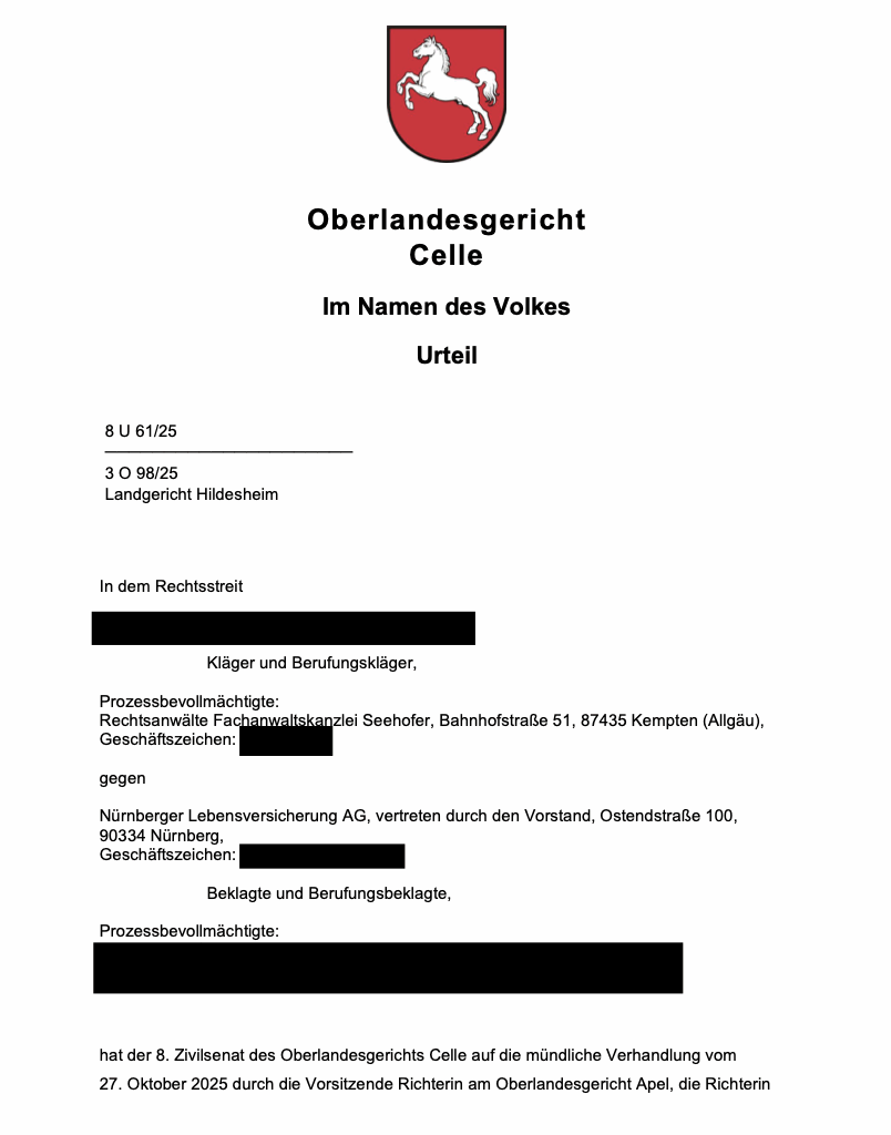 Sensationeller Erfolg der Fachanwaltskanzlei Seehofer gegen die Nürnberger Lebensversicherung: