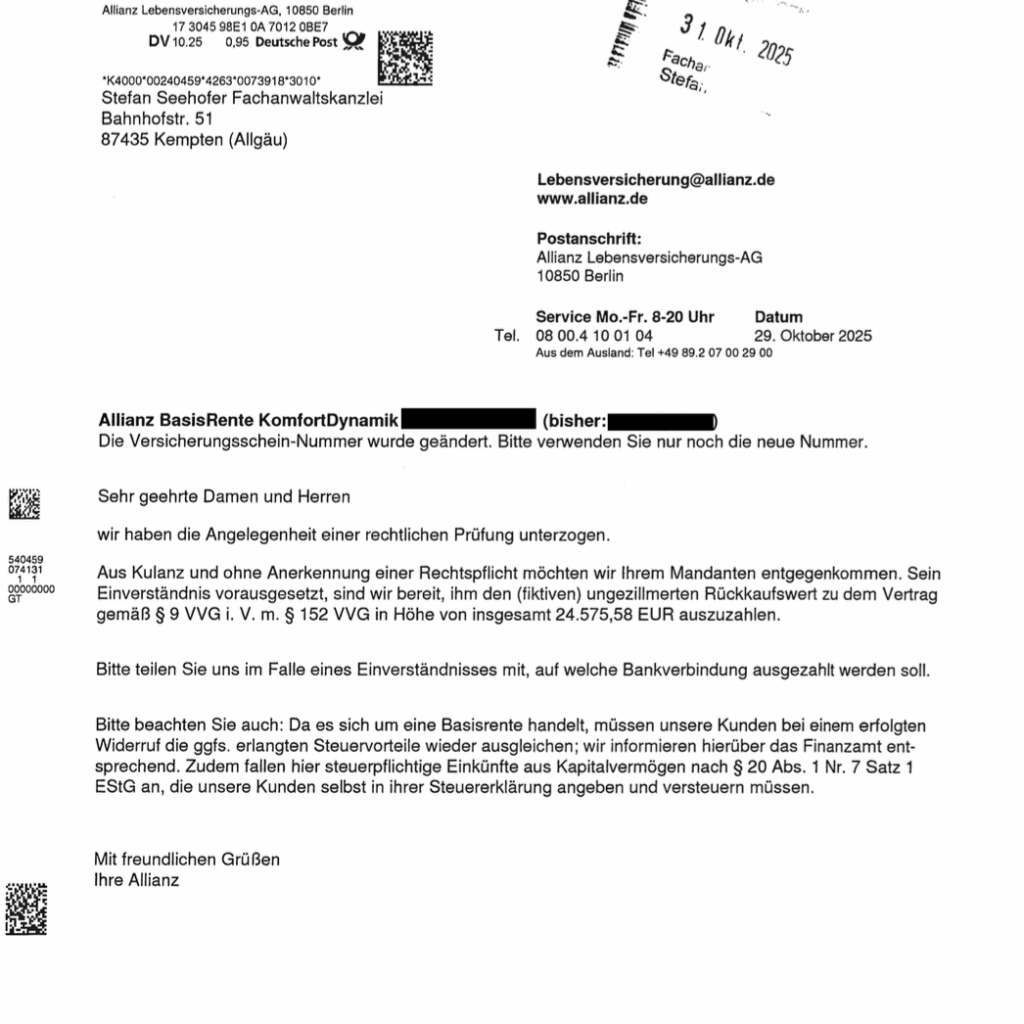 Allianz Basisrente KomfortDynamik: Fachanwaltskanzlei Seehofer erreicht Rückabwicklung in knapp 2 Monaten