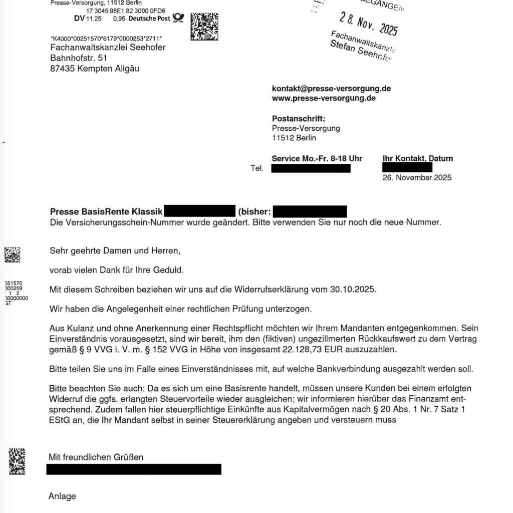 Presse BasisRente Klassik-Vertrag vom August 2013: