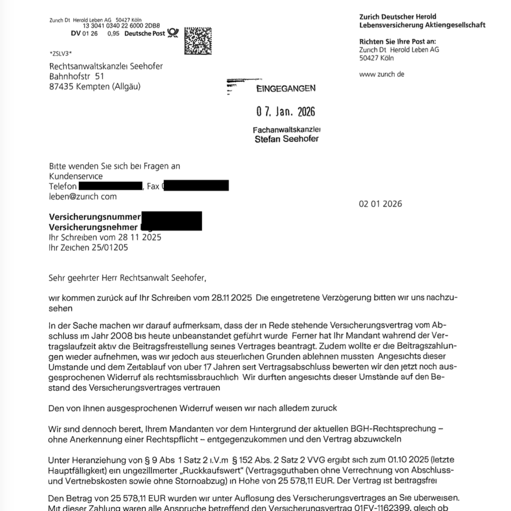 Fachanwaltskanzlei Seehofer erreicht im Januar 2026 Rückabwicklung des Basisrentenvertrages „Basis Rente Invest“ in einem Monat