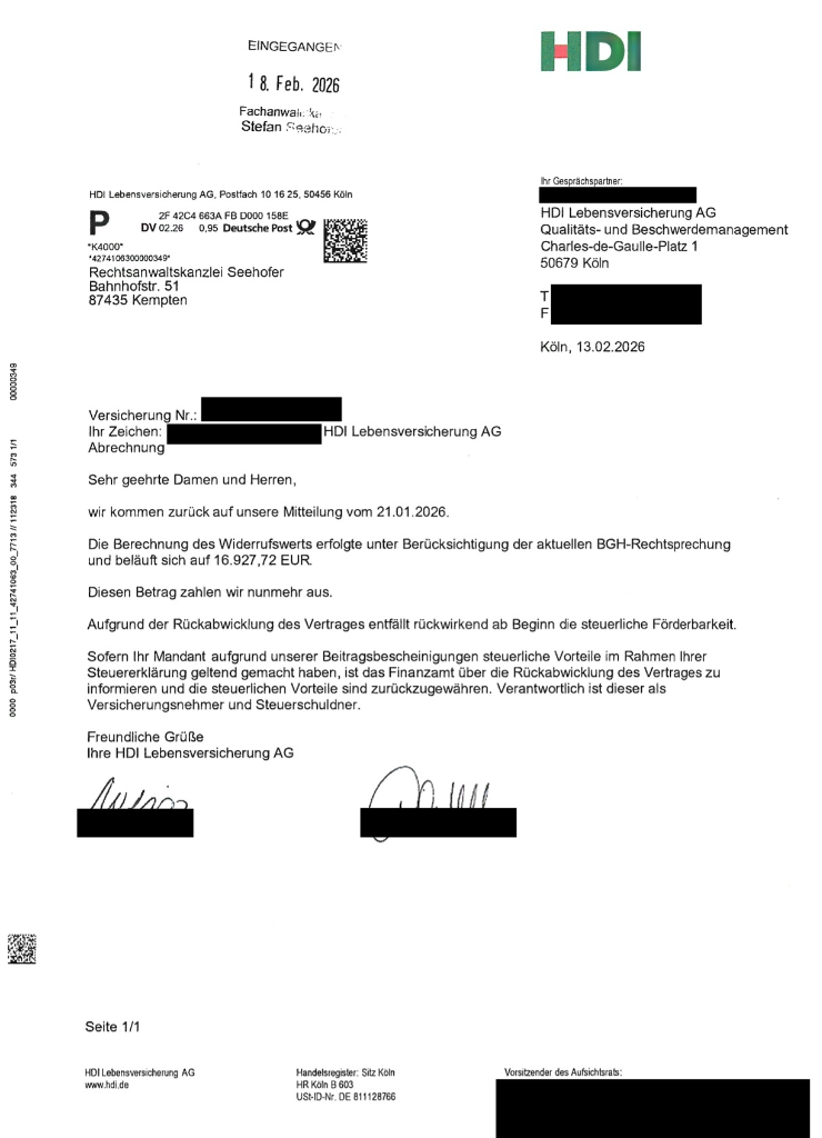 HDI „TwoTrust Basisrente“ vom September 2009: Fachanwaltskanzlei Seehofer erreicht Rückabwicklung innerhalb von einem Monat