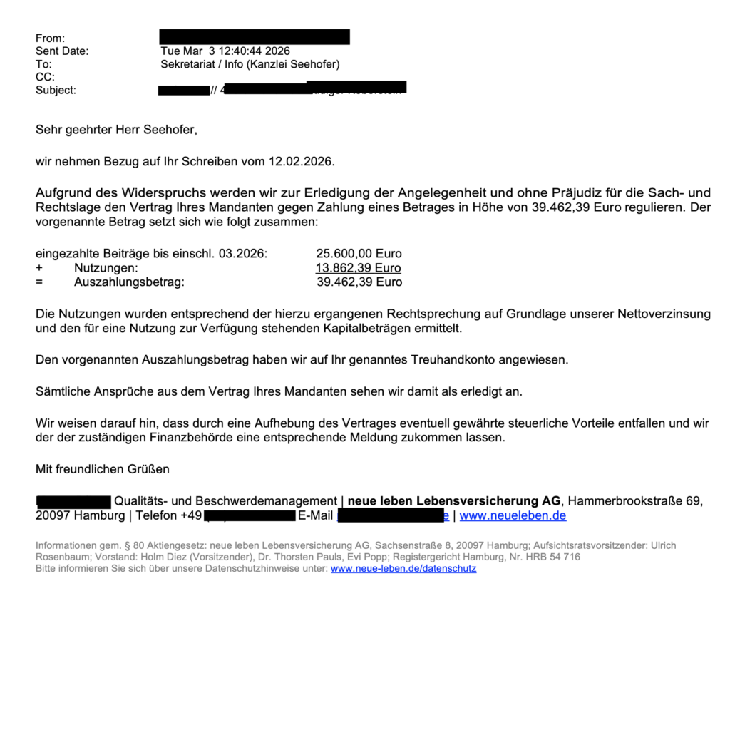 Fachanwaltskanzlei Seehofer erreicht Rückabwicklung der „neue leben Basisrente“ aus dem Jahr 2008 innerhalb von 3 Wochen