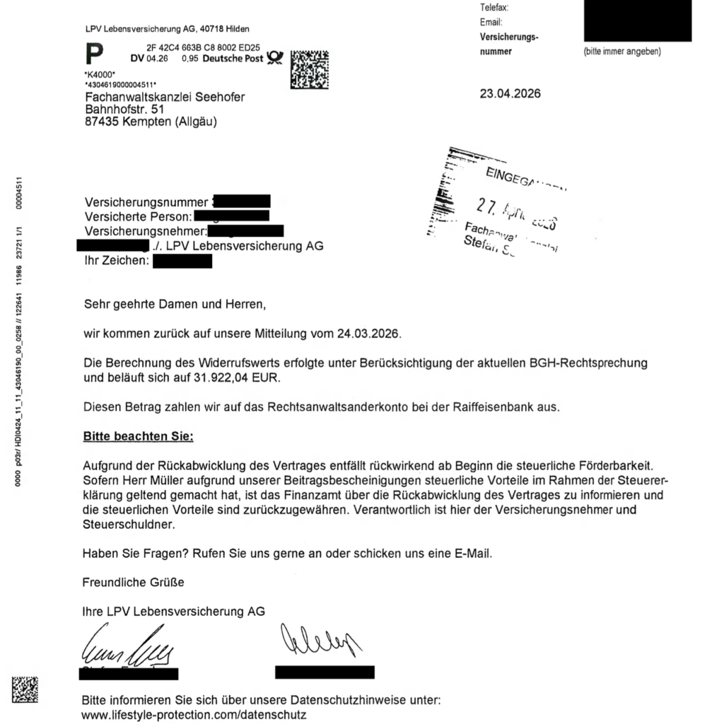 Basisrentenvertrag bei der früheren PBV Lebensversicherung AG, der heutigen LPV Lebensversicherung AG aus dem Jahr 2009: