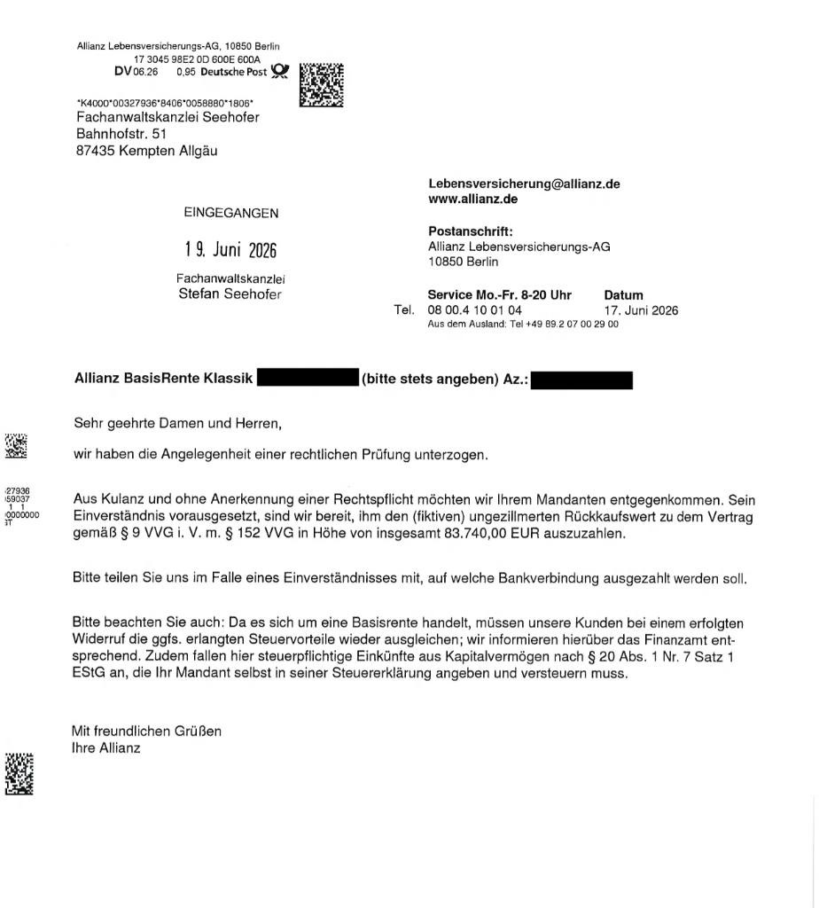 Allianz BasisRente Klassik aus dem Jahr 2009: Fachanwaltskanzlei Seehofer erreicht Rückabwicklung innerhalb von 3 Wochen.