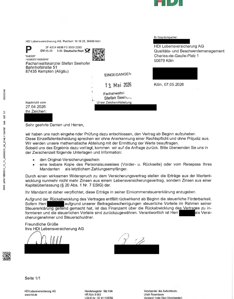 HDI Lebensversicherung AG: Erfolgreicher Widerruf eines Basisrentenvertrages aus dem Jahr 2009