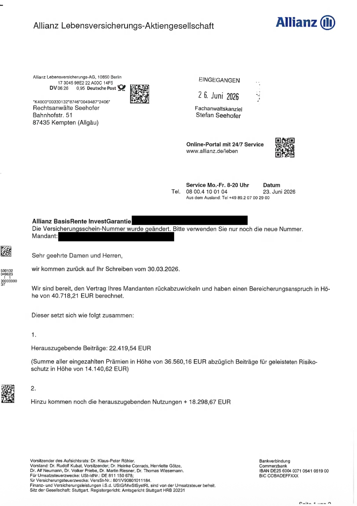 Allianz Basisrente aus dem Jahr 2006: Fachanwaltskanzlei Seehofer erreicht Rückabwicklung in knapp 3 Monaten