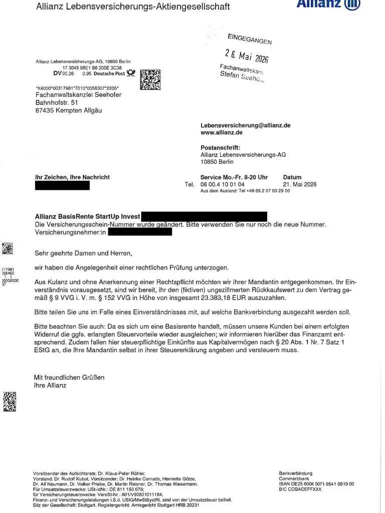 Allianz BasisRente StartUp Invest aus dem Jahr 2011: Fachanwaltskanzlei Seehofer erreicht Rückabwicklung innerhalb von knapp 5 Monaten!