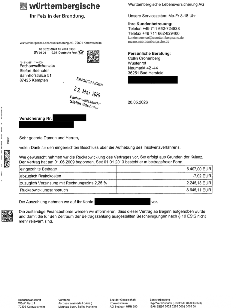 Basisrentenvertrag bei der Württembergischen Lebensversicherung AG aus dem Jahr 2009: