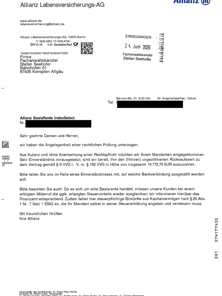 Allianz BasisRente IndexSelect: Fachanwaltskanzlei Seehofer erreicht Rückabwicklung innerhalb von 7 Wochen!