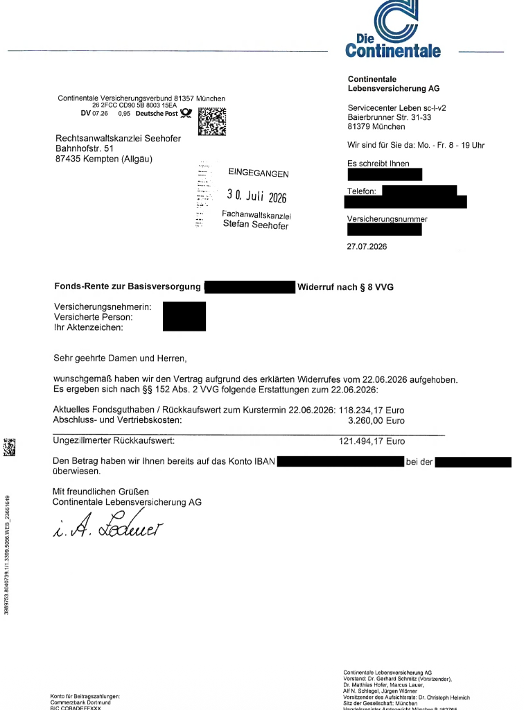 Basisrentenvertrag bei der Continentale Lebensversicherung AG: